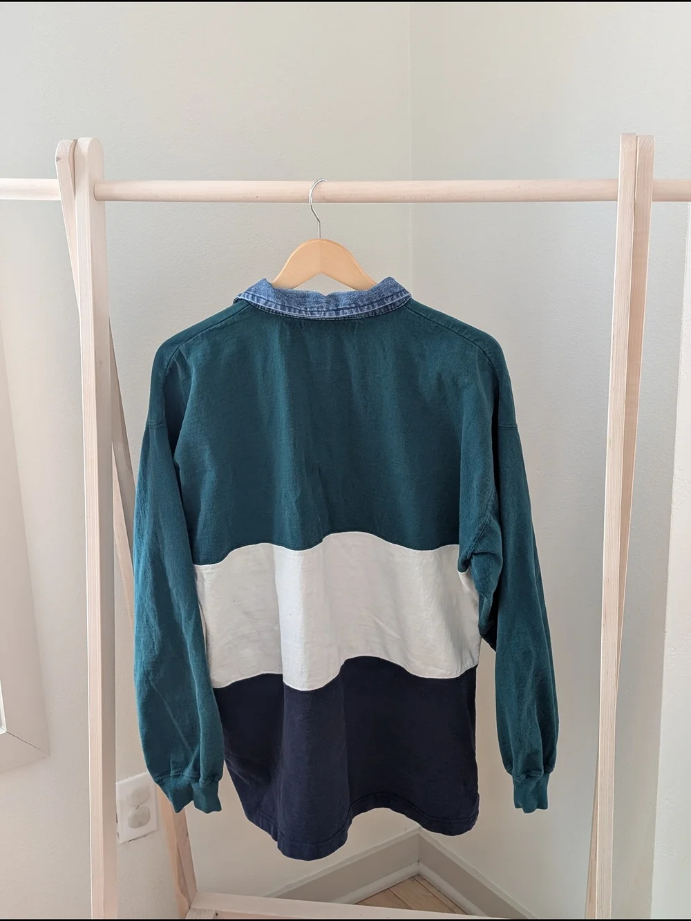 Vintage 90's Colorblock Denim Collared Long-Sleeve Polo Shirt in Green/Blue - Picture 4 of 5